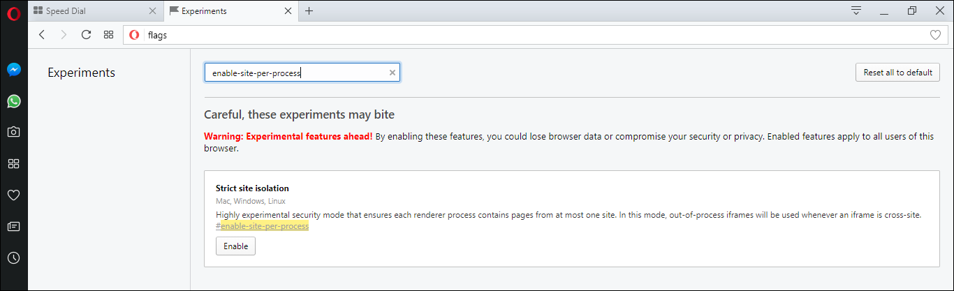 where do you enable site isolation on opera