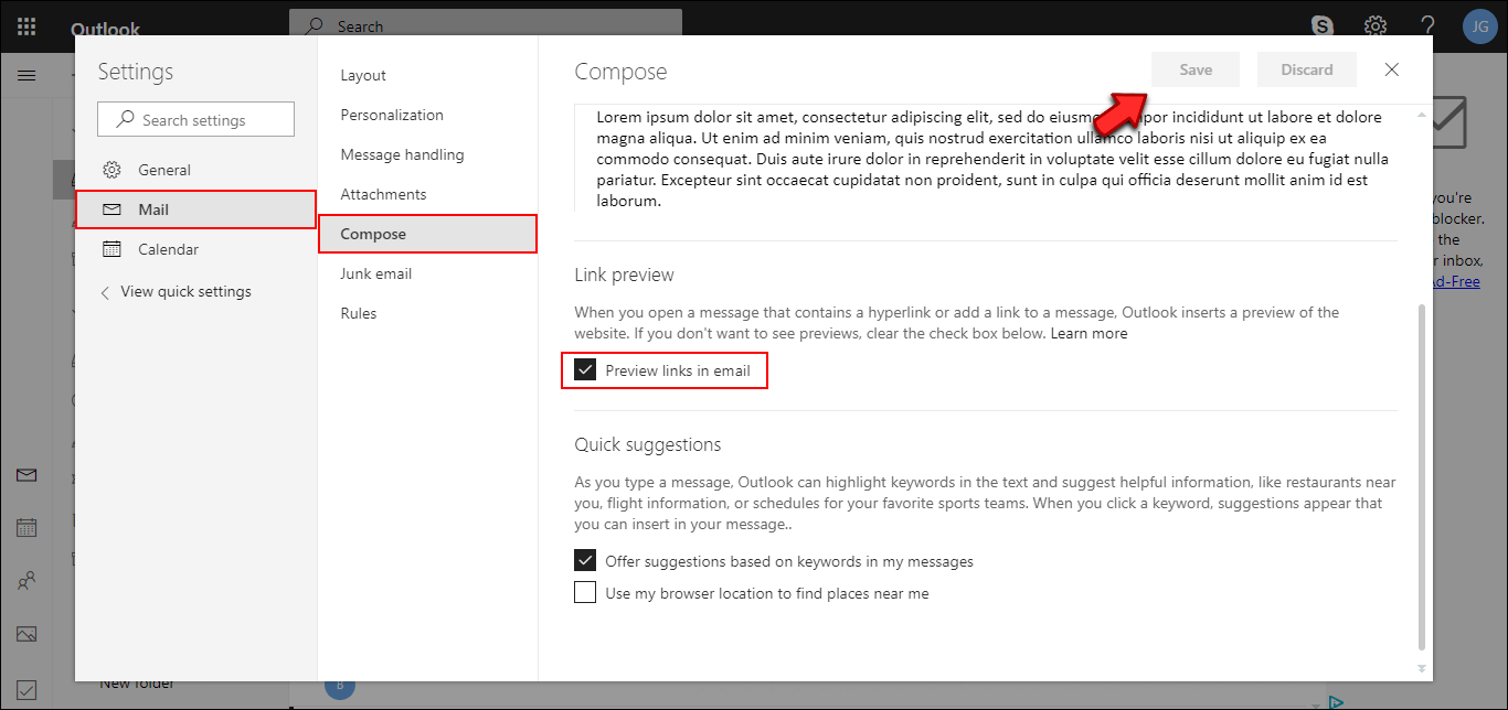 how do you disable link previews in outlook