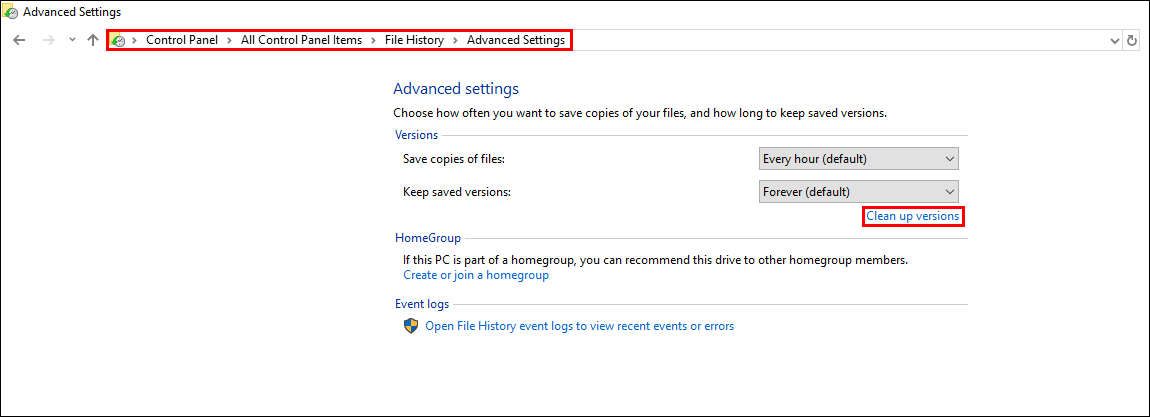 how to remove older files from file history on windows 10
