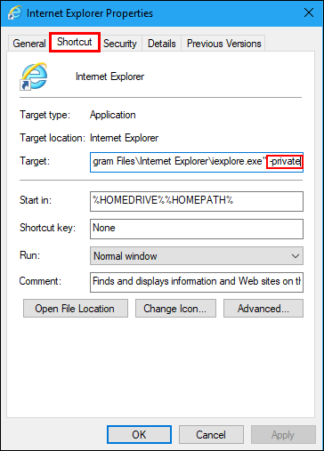 how to launch IE in private mode automatically