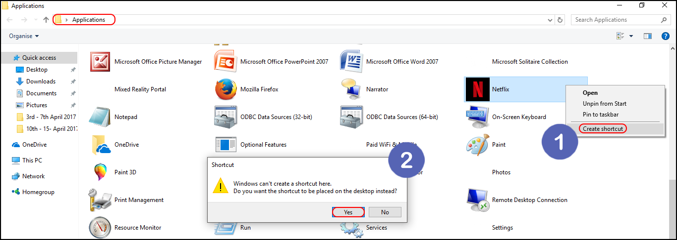 create shortcut app in windows 10