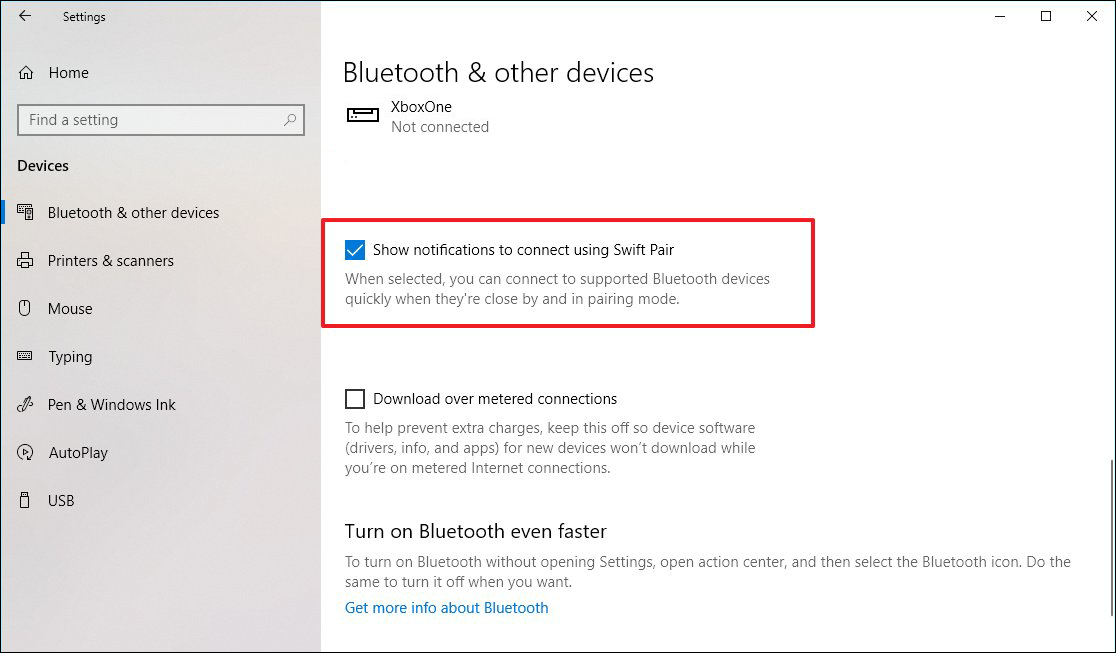 where is bluetooth swift pair option windows 10