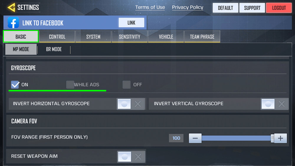 turn on gyro aiming cod mobile