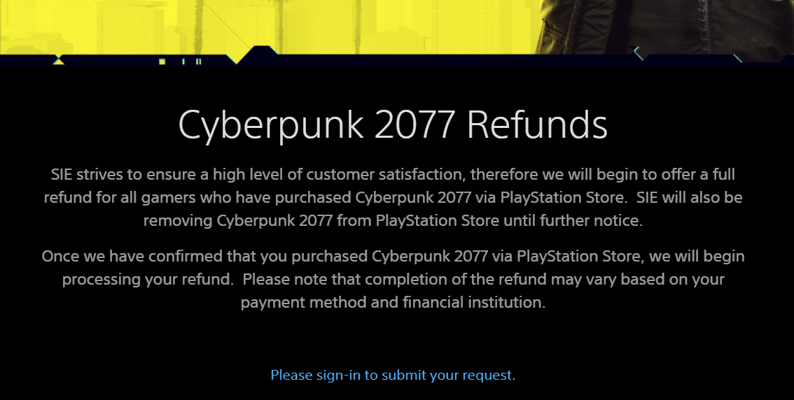 cyberpunk 2077 refunds playstation