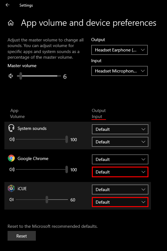 setting default devices for apps programs windows 