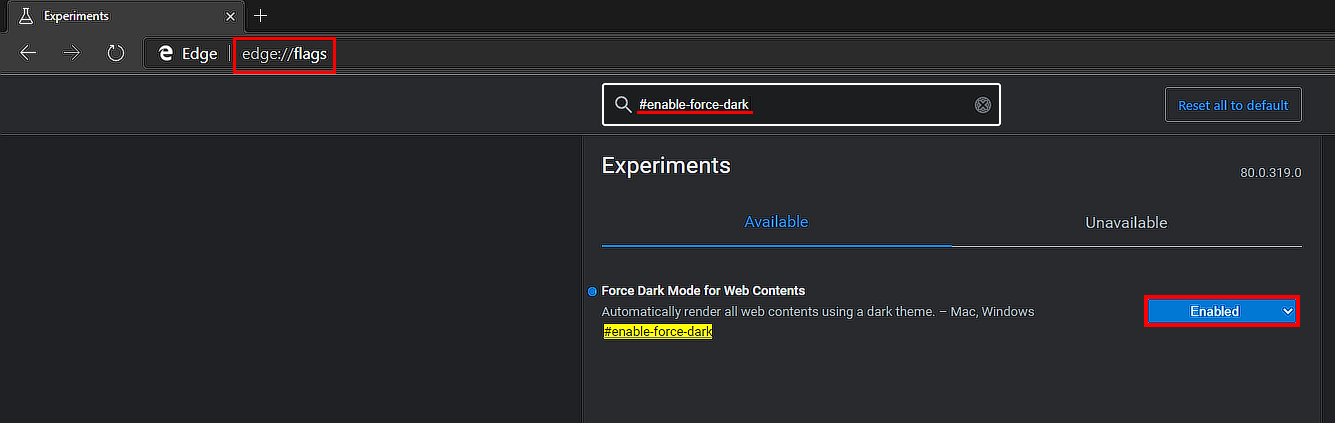 Enable Dark Mode For All Websites on Microsoft Edge Chromium.