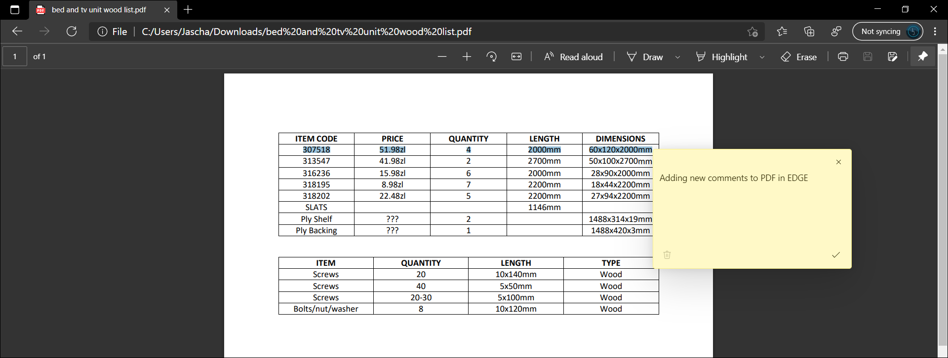 adding comments to PDF in edge