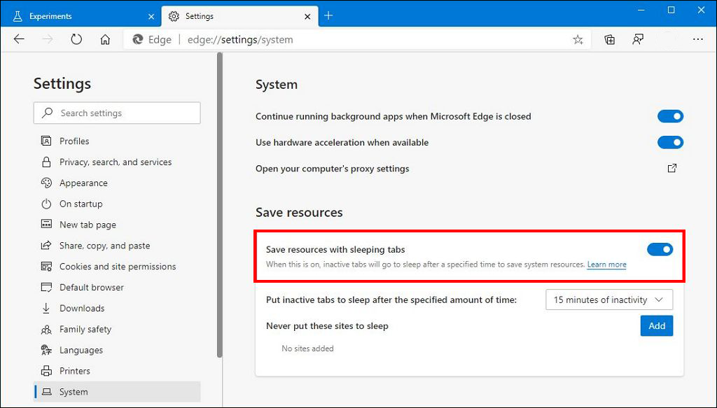 turn on sleeping tabs microsoft edge