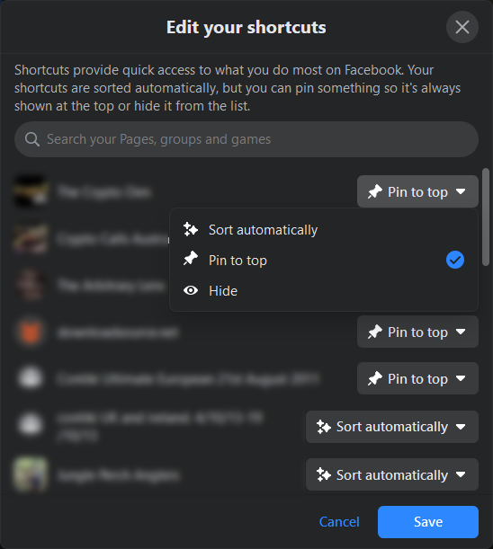 Facebook shortcut editing