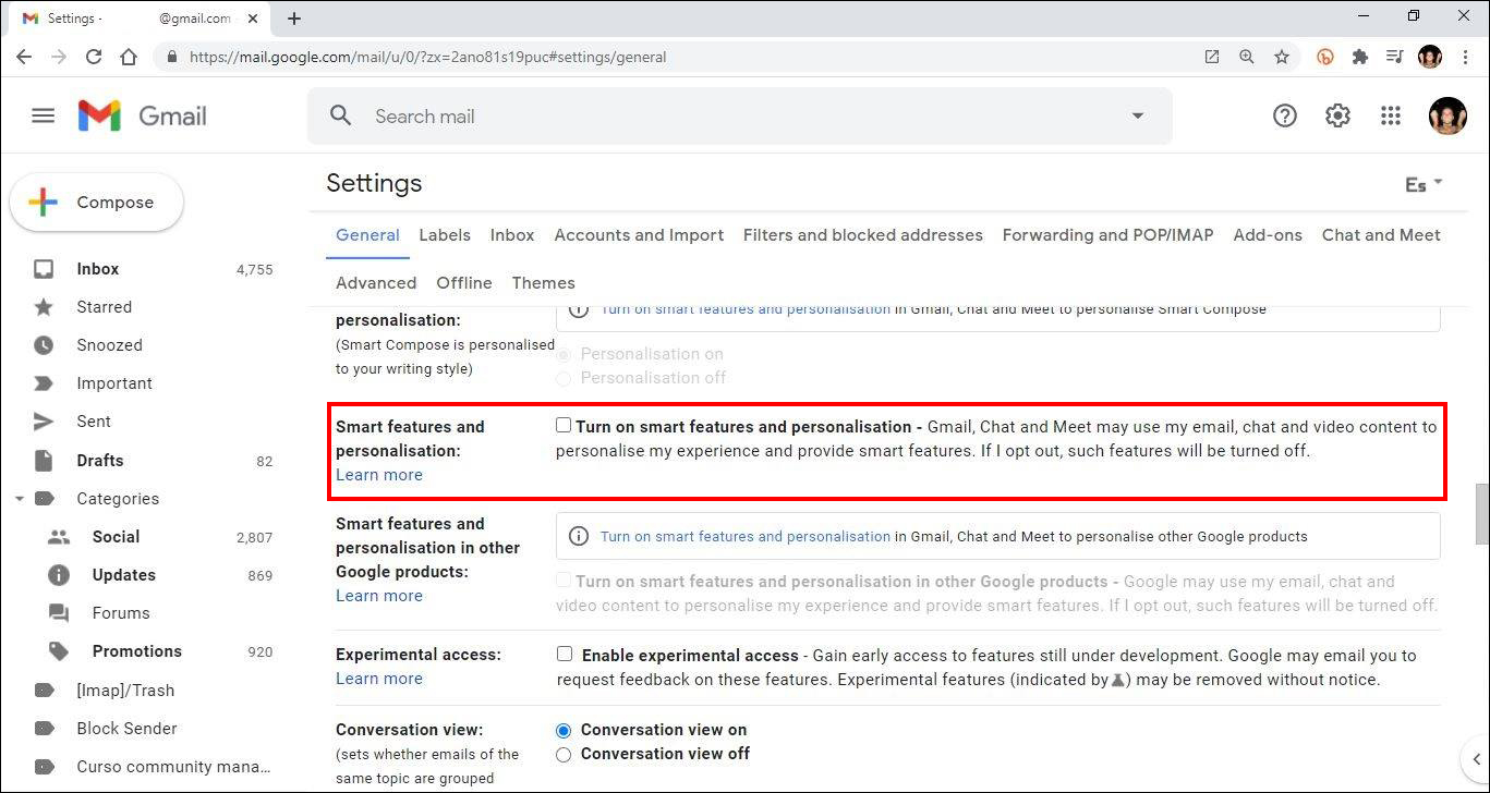 how to turn on gmail smart features