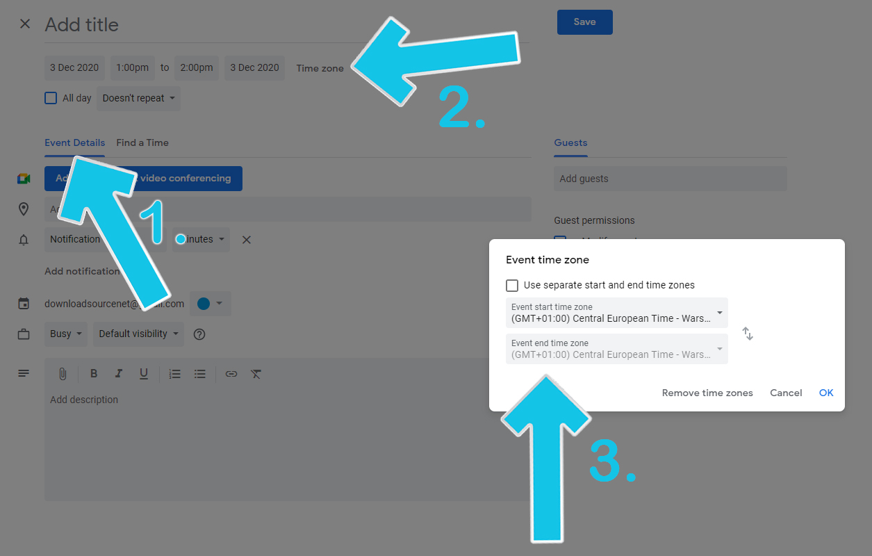 how to add extra time zones to google calendar events