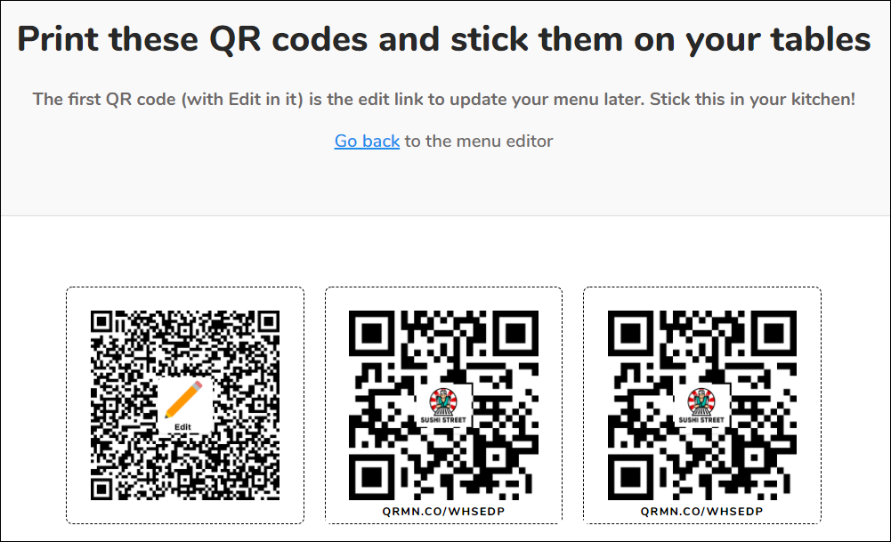 making a menu to scan with qr code