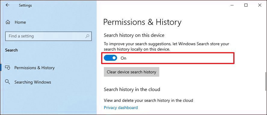 dont show search history windows 10