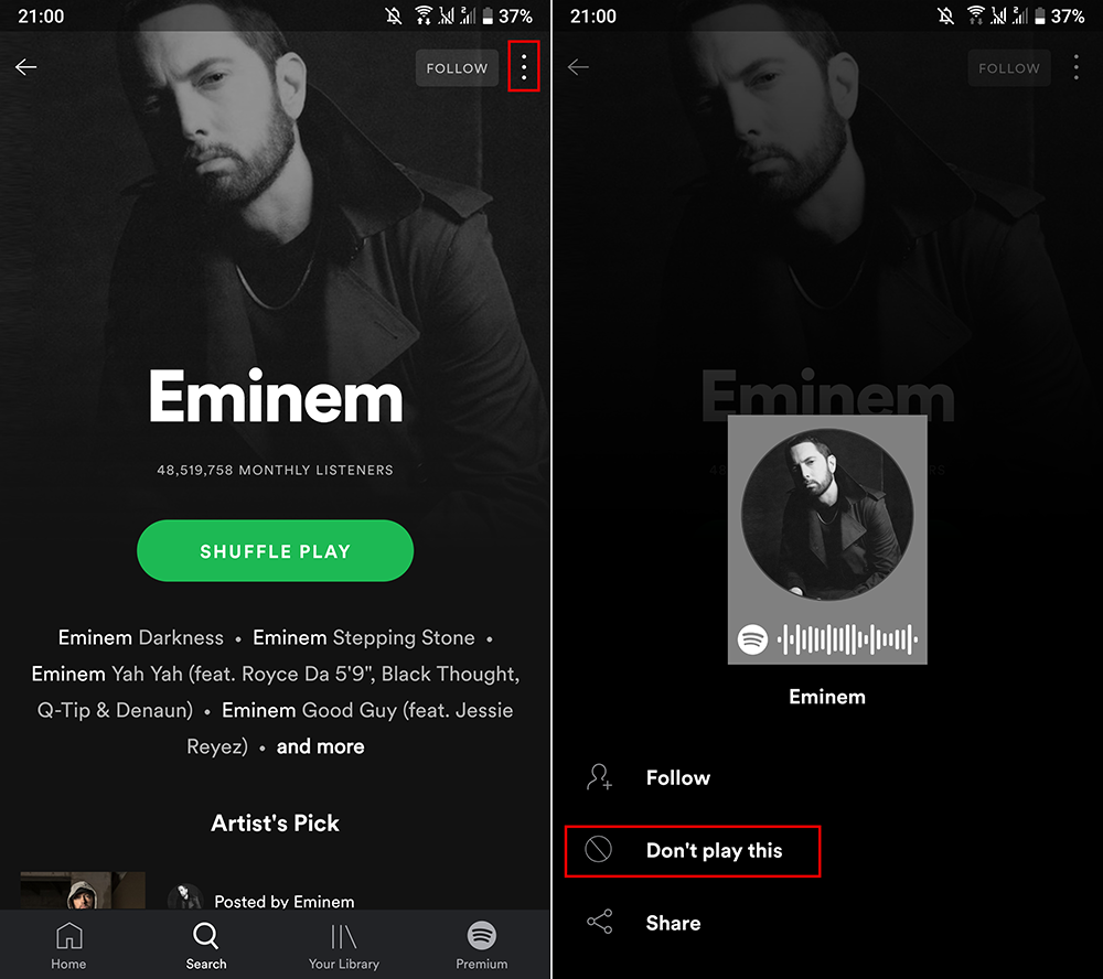 block an artist on spotify