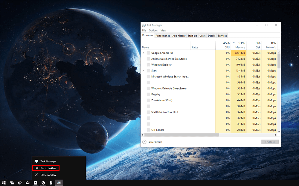 task manager to taskbar pin