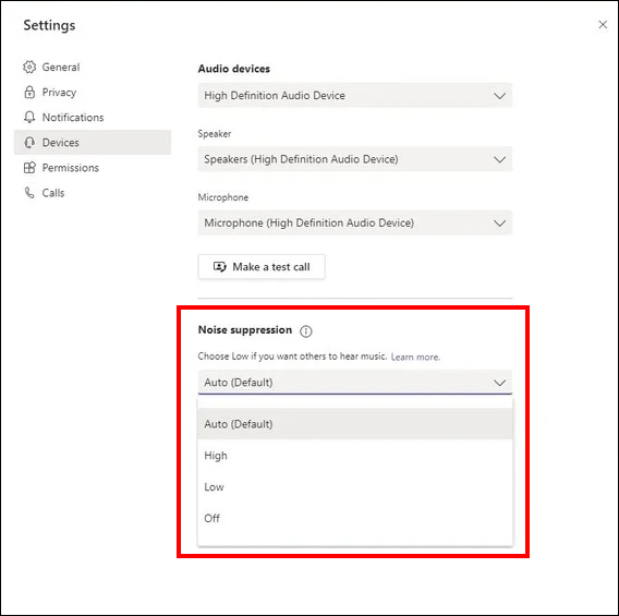 where is noise suppresion in microsoft teams