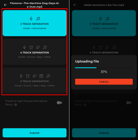 how to split mucial intruments from songs on mobile