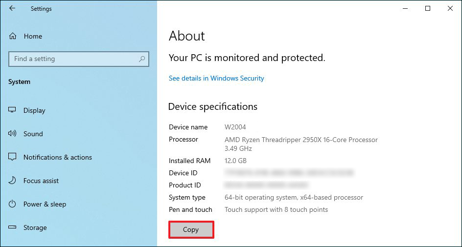 windows 10 copy specs from settings page