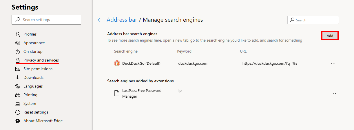 use google in edge chromium address bar search