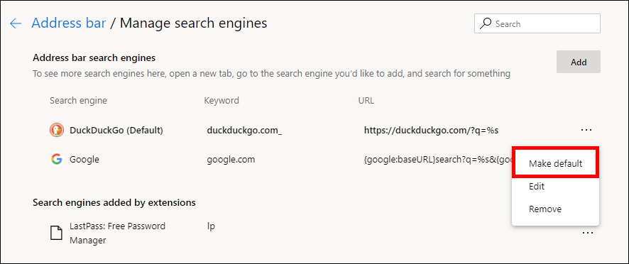 use google chrome search in edge chromium