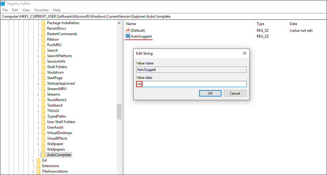 how to disable auto suggestions on windows file explorer