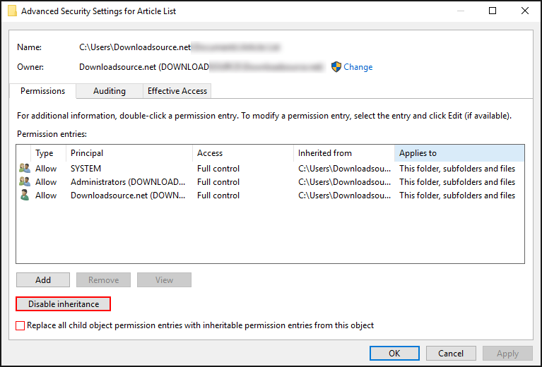 how to disable inherited permissions on windows 10