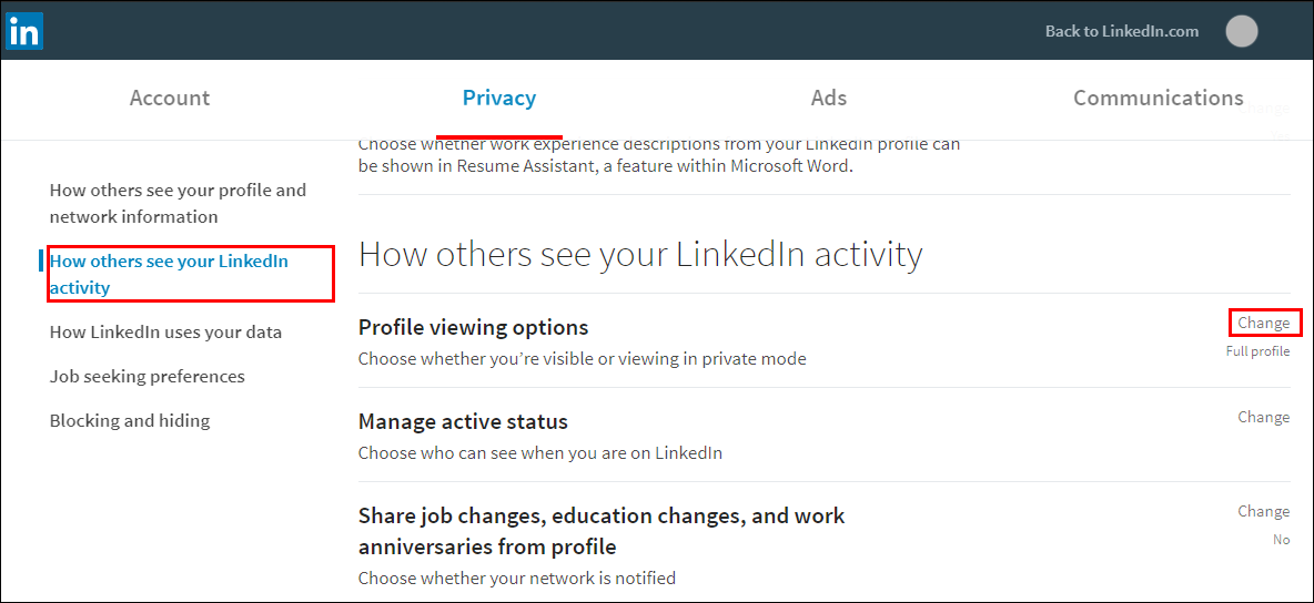 how do you make profile viewing on linked in private