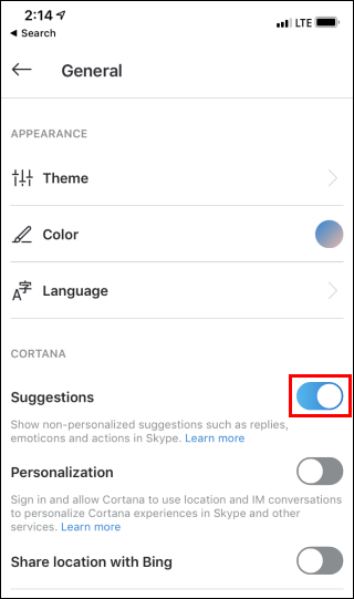Turn off Suggested Responses From Cortana in Skype