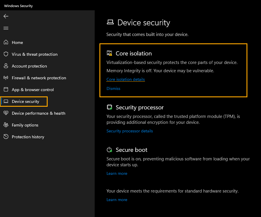 core isolation windows 11