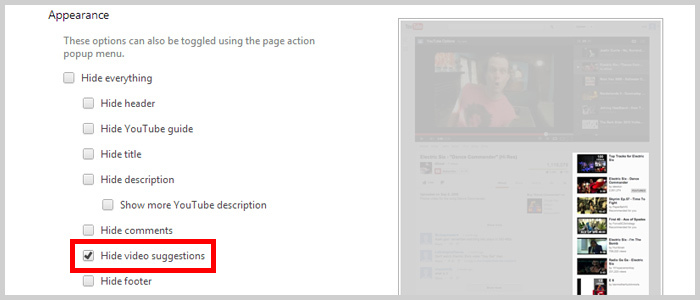 YouTube Options - hiding suggestions