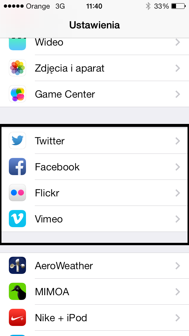 Serwisy społecznościowe w iOS 7